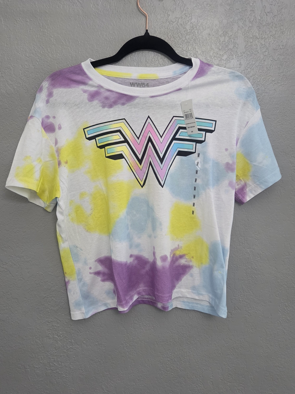Tie-Dye Wonder Woman Logo Crop Tee - White/Yellow/Purple/Blue